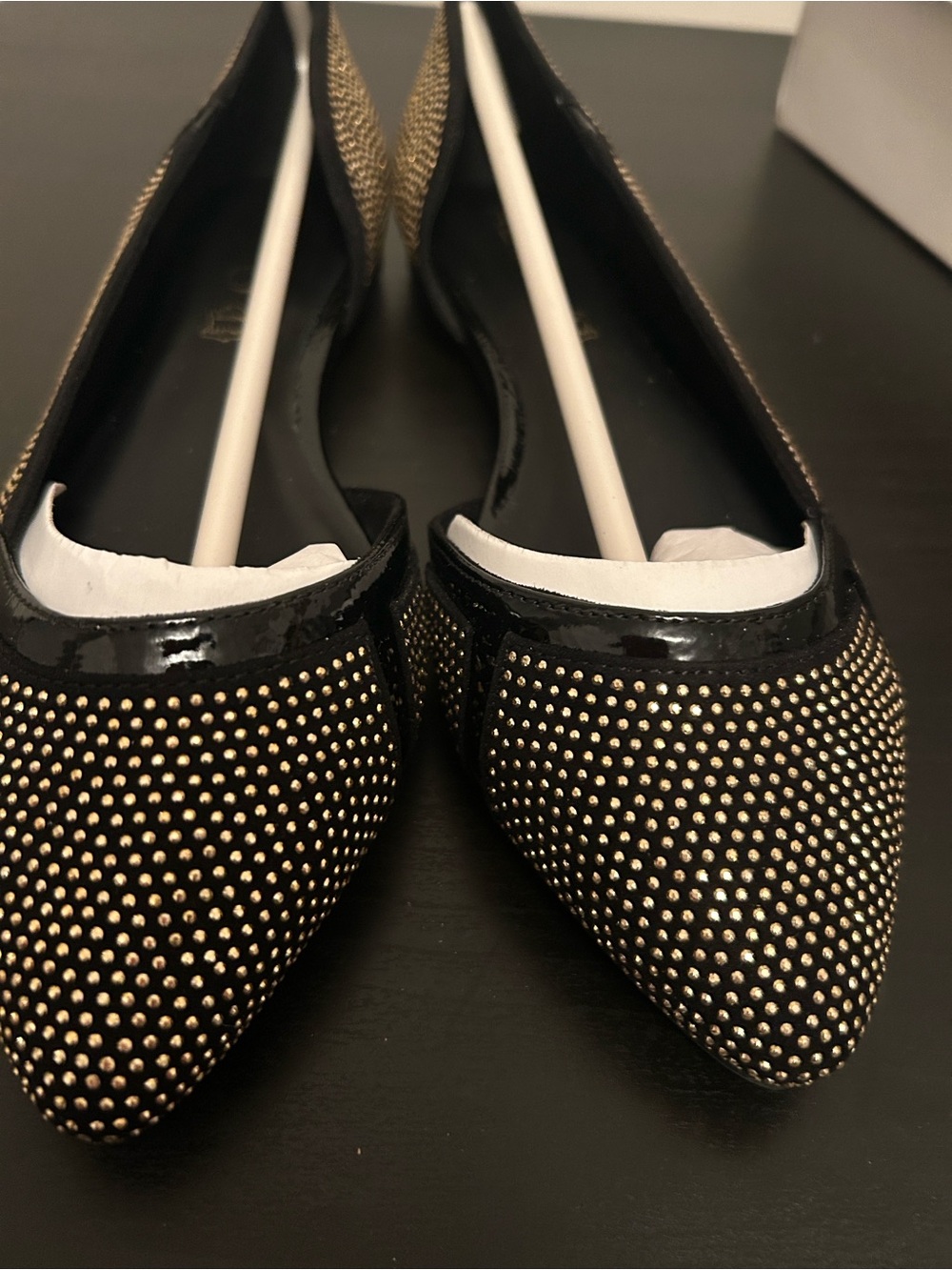 Brand New in Box Aldo Pointed Toe Flats, Black with gold studs, Size 6